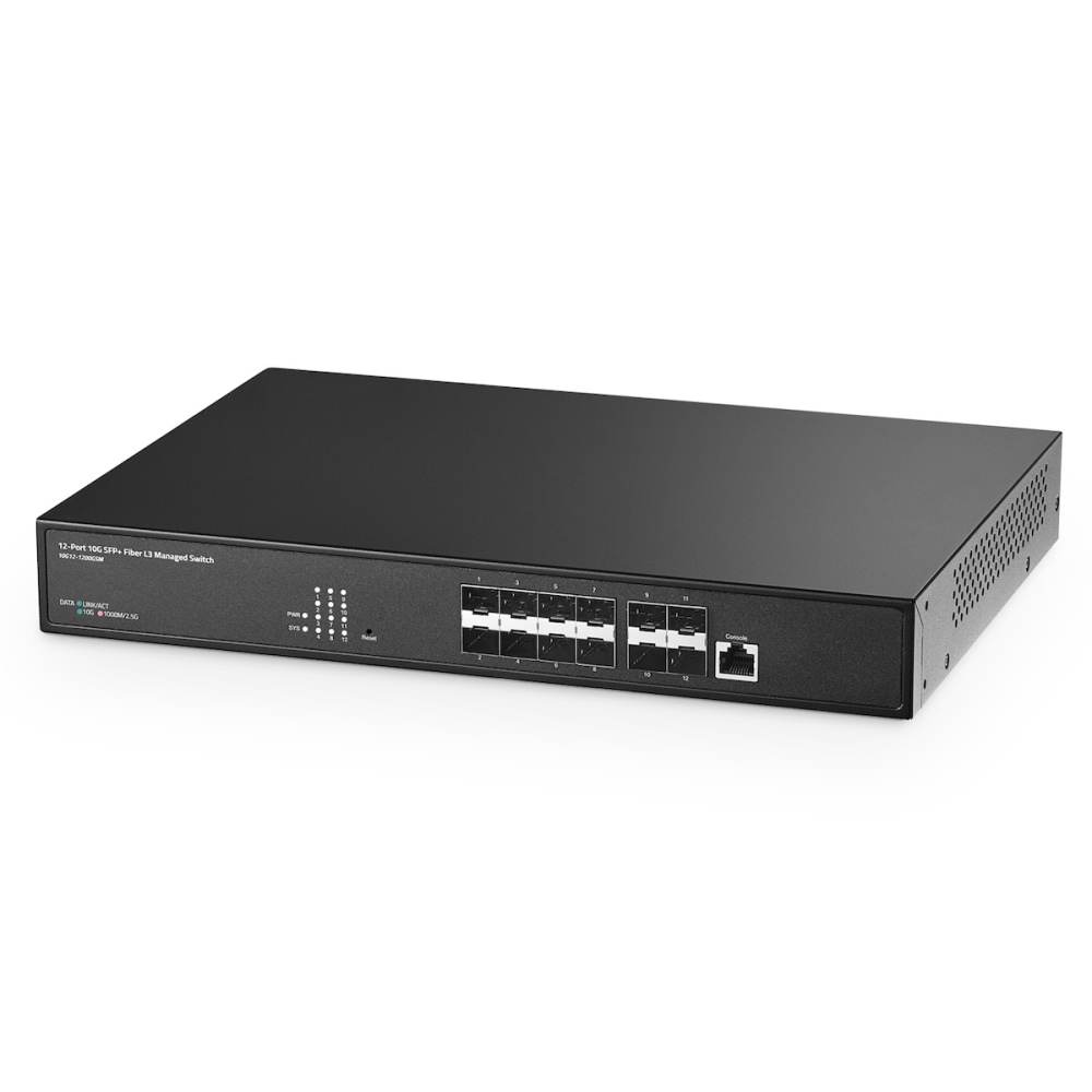 12 Port 10 Gigabit SFP Managed Switch, Support 1G & 10G SFP+ Module, 240Gbps Bandwidth, L3 Web/CLI Managed, Metal Fiber Network Switch