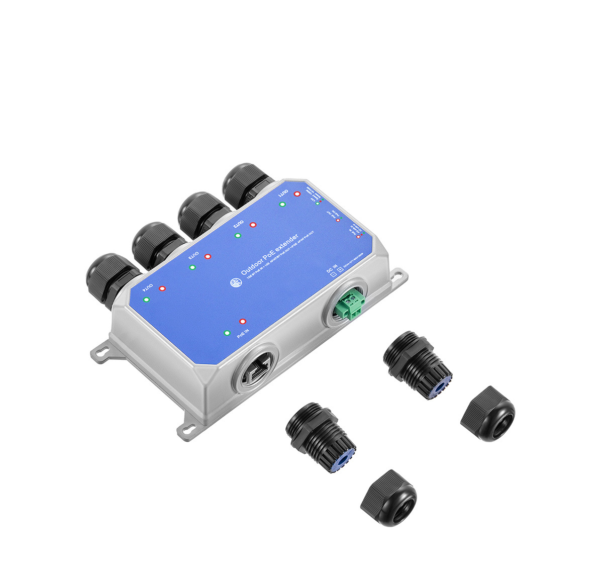 IP67 Outdoor Gigabit PoE Passthrough Switch, 1 In 4 Out Extender, IEEE802.3af/at/bt Powered 90W, 10/100/1000Mbps Ethernet, Metal Wall Mount Waterproof Plug and Play