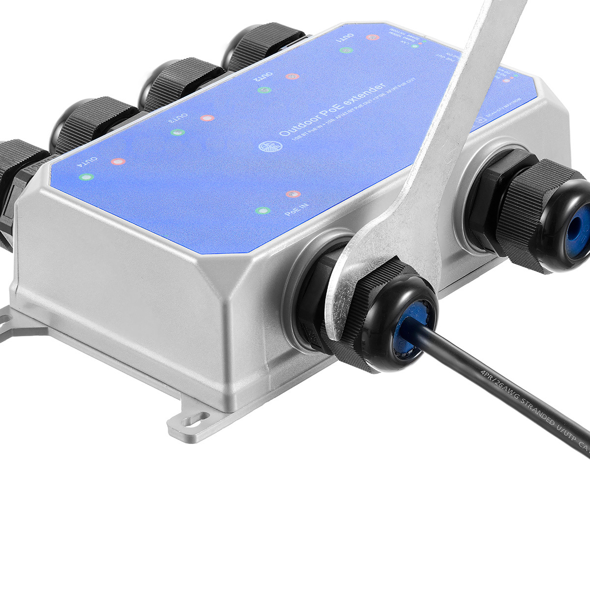 IP67 Outdoor Gigabit PoE Passthrough Switch, 1 In 4 Out Extender, IEEE802.3af/at/bt Powered 90W, 10/100/1000Mbps Ethernet, Metal Wall Mount Waterproof Plug and Play