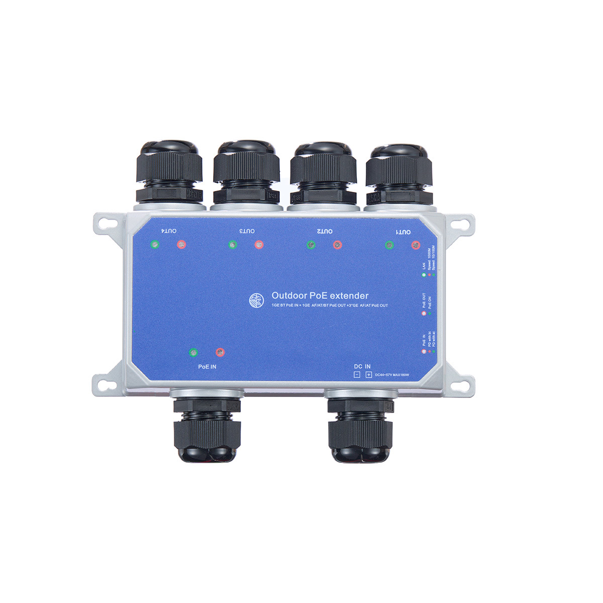IP67 Outdoor Gigabit PoE Passthrough Switch, 1 In 4 Out Extender, IEEE802.3af/at/bt Powered 90W, 10/100/1000Mbps Ethernet, Metal Wall Mount Waterproof Plug and Play