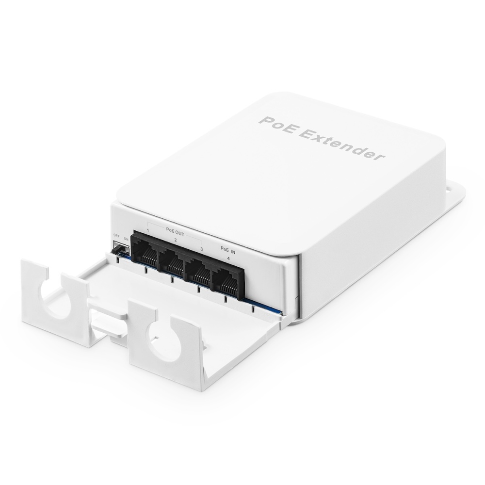 Outdoor PoE Passthrough Switch, 1 POE in 4 POE Extender, IEEE802.3af/at/bt Powered 90W, 100Mbps Ethernet, Wall Mount Waterproof Plug and Play
