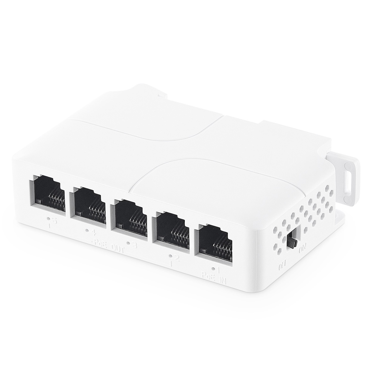 PoE Passthrough Switch, 1 PoE in 4 PoE Out Extender, IEEE802.3af/at/bt PoE Powered 90W, 100Mbps Ethernet, Din Rail & Wall Mount Plug and Play