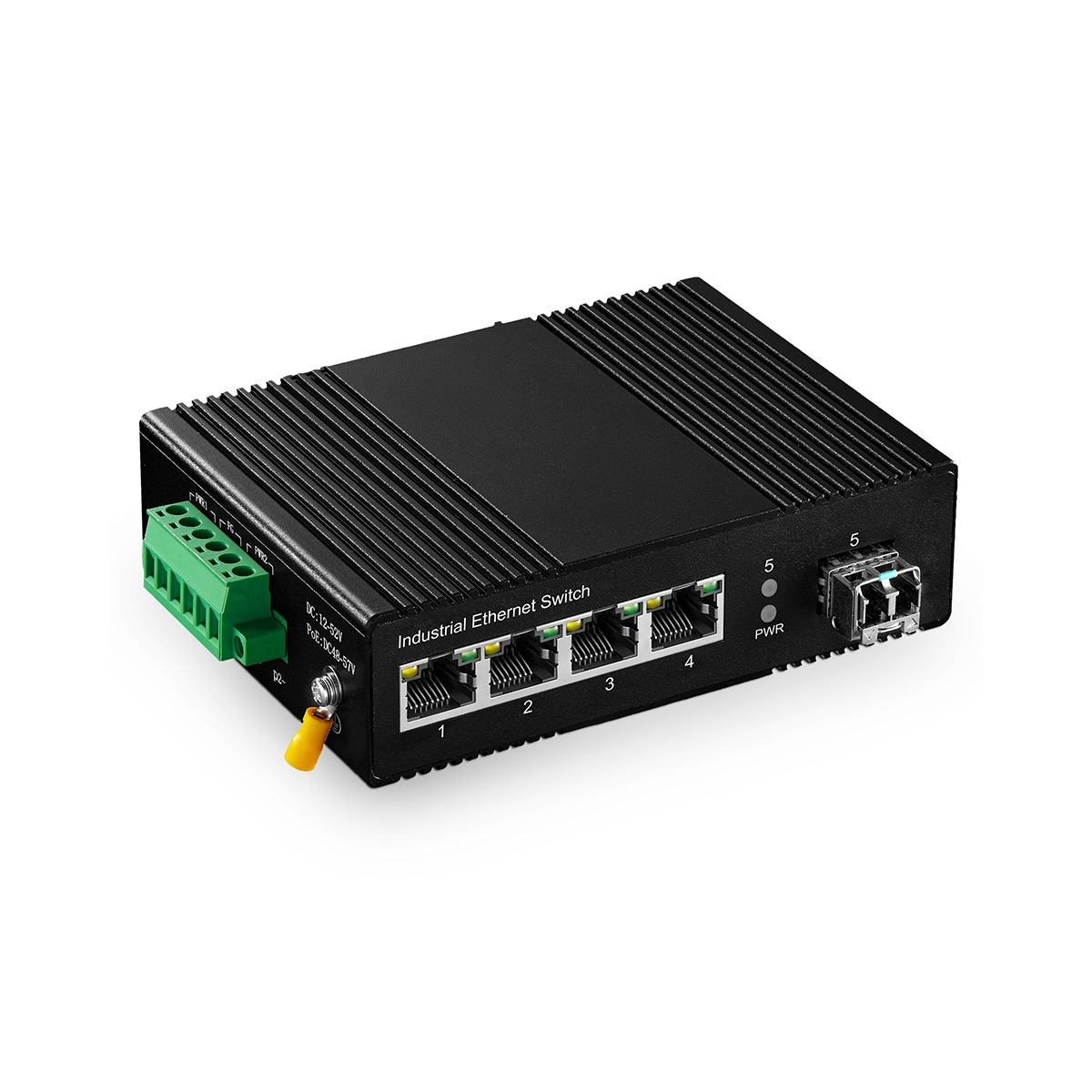 5 Port Gigabit PoE Industrial Switch, IEEE802.3af/at Ethernet, 1 SFP Port with 20km LC Module, IP40 Aluminum Alloy -40~75°C(-40~185°F), Din Rail and Wall Mount Kit, with 60W Power Supply