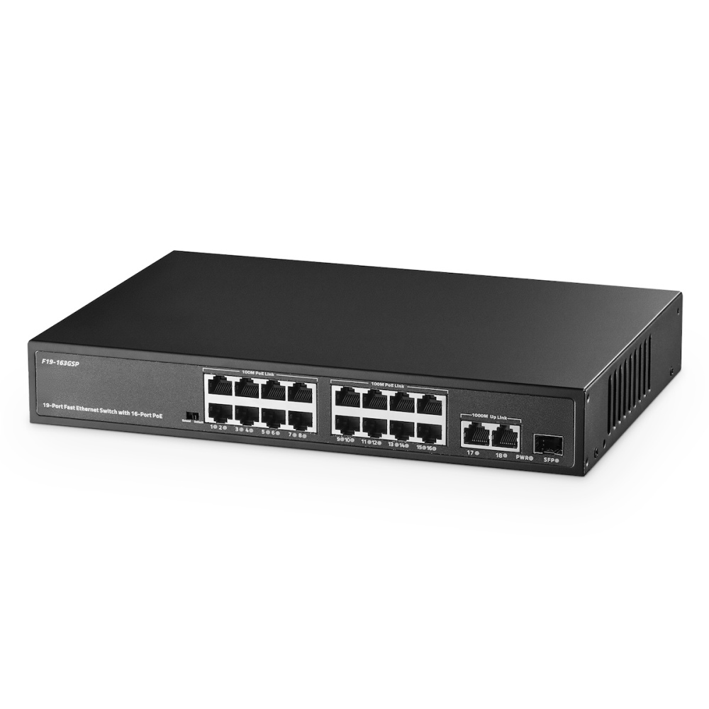 POE Switch 19 Port , 16 POE+ 100Mbps, 2 Gigabit Uplink, 1 SFP, IEEE802.3af/at, 300W Internal Power Supply, Metal Case Unmanaged Plug and Play Binardat Ethernet Switch
