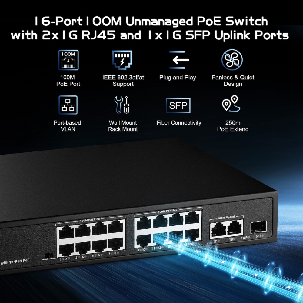 POE Switch 19 Port , 16 POE+ 100Mbps, 2 Gigabit Uplink, 1 SFP, IEEE802.3af/at, 300W Internal Power Supply, Metal Case Unmanaged Plug and Play Binardat Ethernet Switch