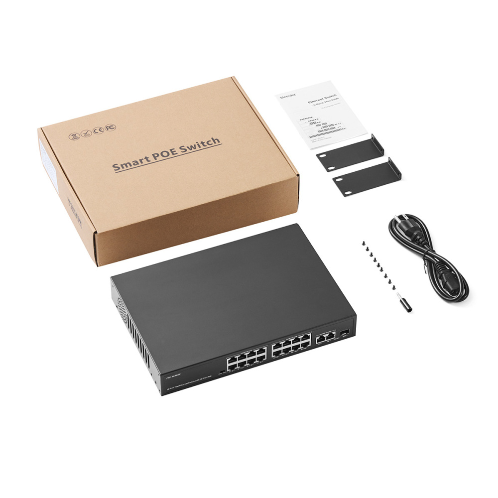 POE Switch 19 Port , 16 POE+ 100Mbps, 2 Gigabit Uplink, 1 SFP, IEEE802.3af/at, 300W Internal Power Supply, Metal Case Unmanaged Plug and Play Binardat Ethernet Switch