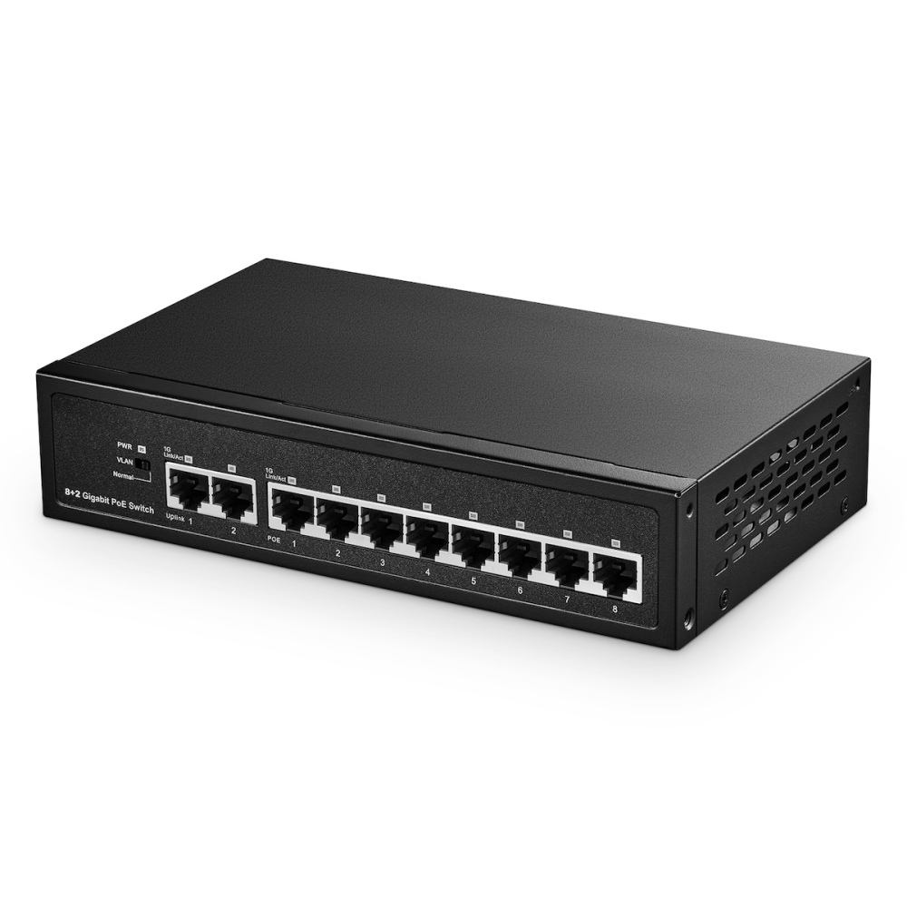 10 Port Gigabit POE Switch, 8 POE+ 1000Mbps, 2 Gigabit Uplink, IEEE802.3af/at, 120W Internal Power Supply, Metal Case Unmanaged Plug and Play Binardat Switch