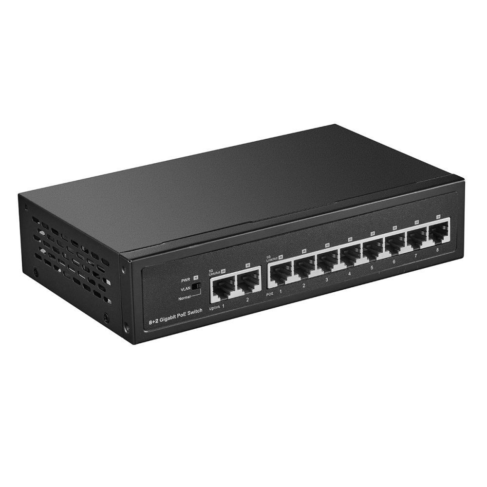 10 Port Gigabit POE Switch, 8 POE+ 1000Mbps, 2 Gigabit Uplink, IEEE802.3af/at, 120W Internal Power Supply, Metal Case Unmanaged Plug and Play Binardat Switch