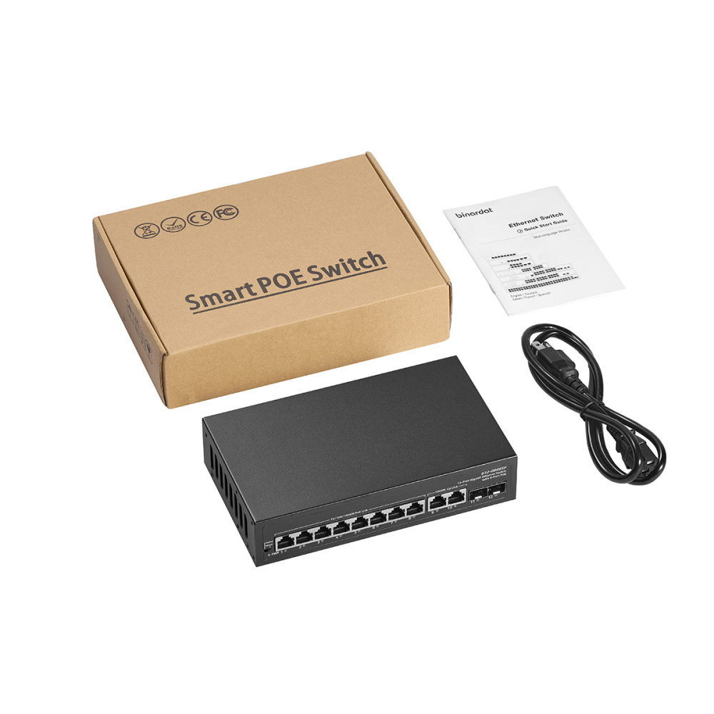 Binardat 12 Port Gigabit POE Switch, 8 POE+ Ports 1000Mbps, 2 Gigabit Uplink, 2 Gigabit SFP, IEEE802.3af/at, 135W Power Supply, Metal Case Unmanaged Plug and Play