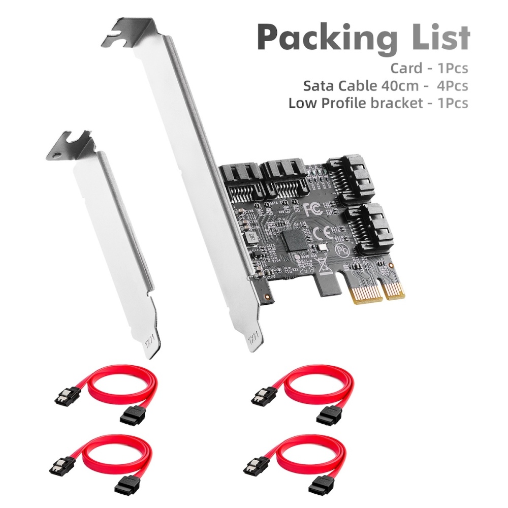 PCIE X1 to SATA Card 4 Port, 6Gbps SATA 3.0 Controller, Includes 4 SATA Cables and Low Profile Bracket, for Windows 10/11