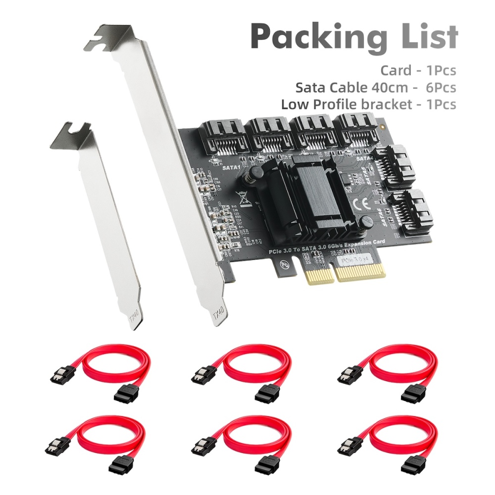 PCIE X4 to SATA Card 6 Port, 6Gbps SATA 3.0 Controller, Includes 6 SATA Cables and Low Profile Bracket, for Windows 10/11
