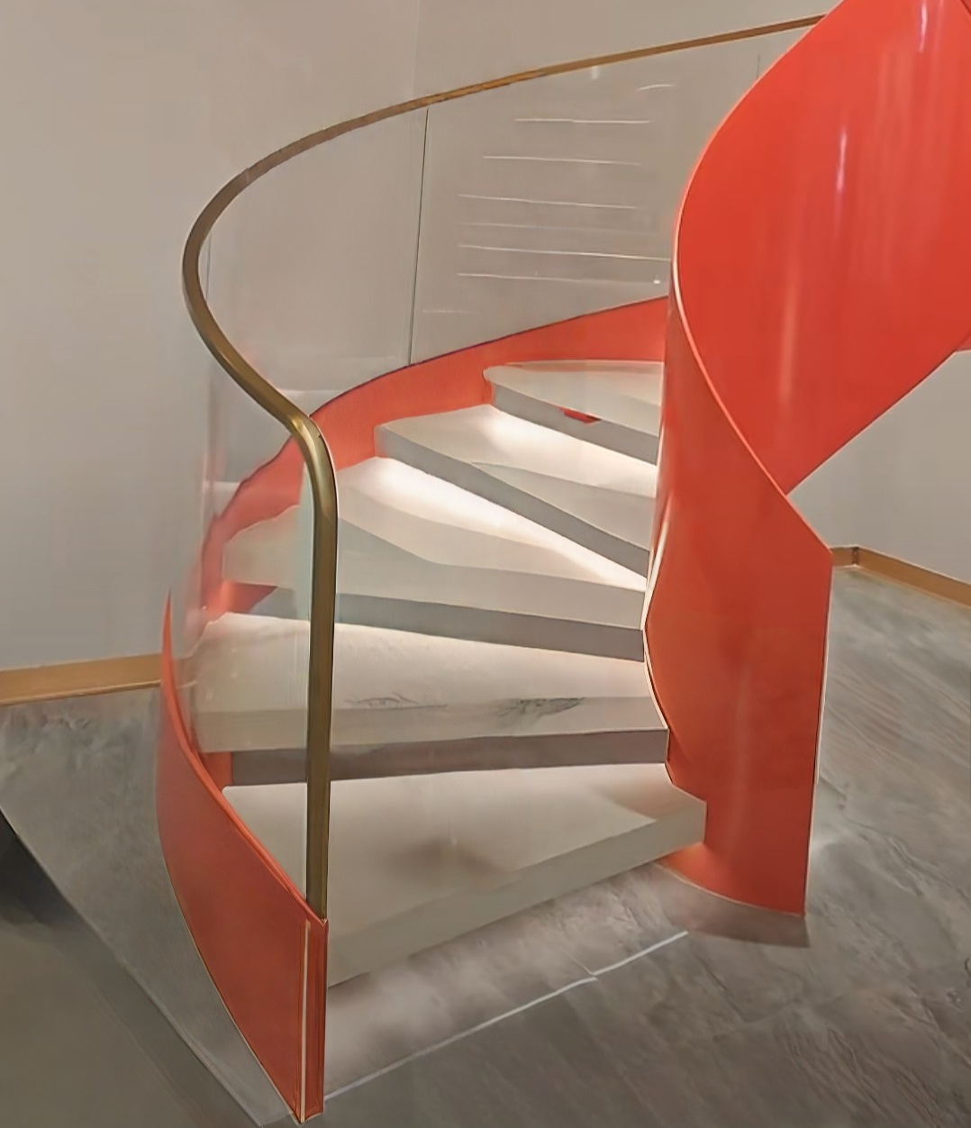 Modern Double Stringer Curved Staircase with Wooden Steps