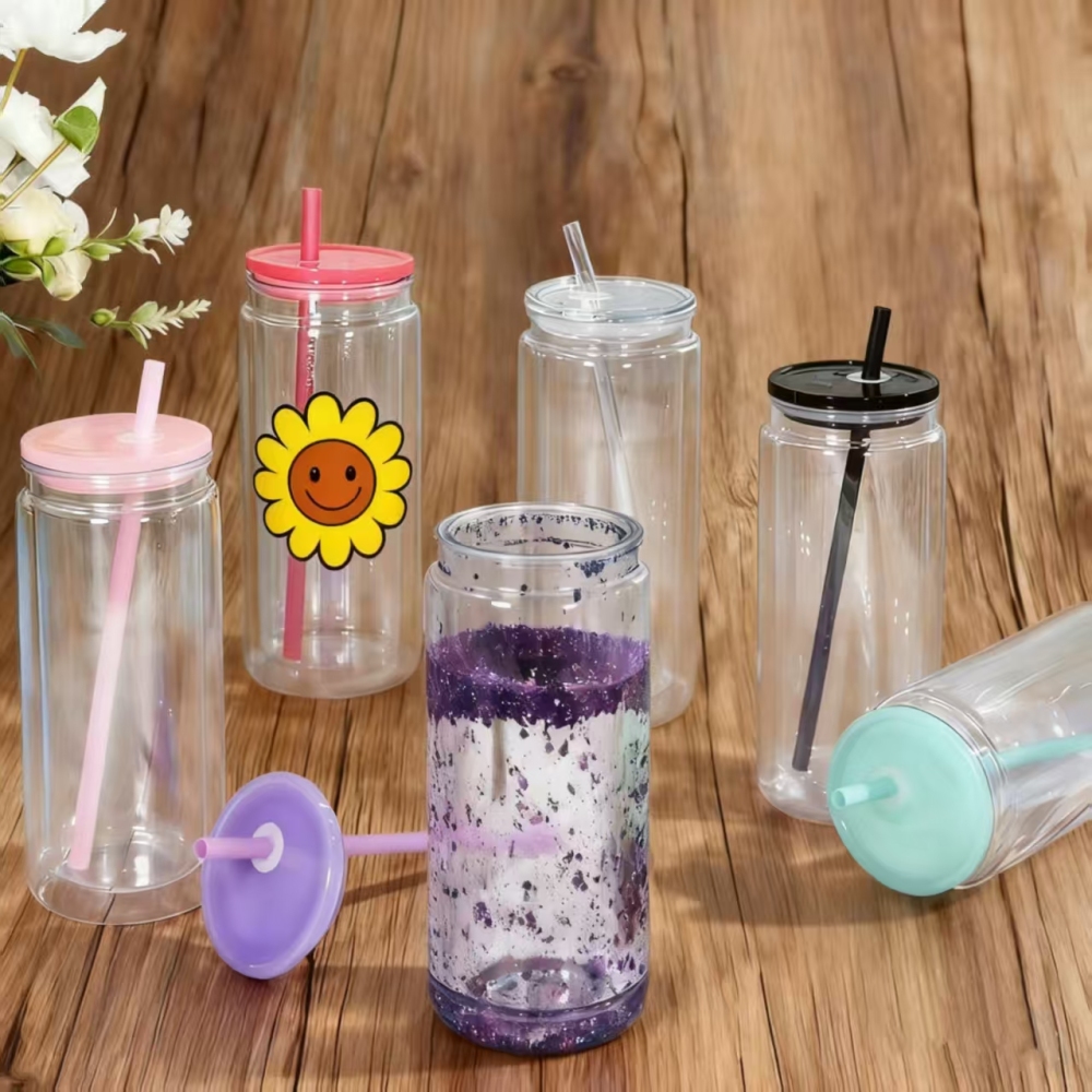 25pcs Predrilled Clear 16oz Glass Snow Globe Cups with Colorful PP lids Plastic Colorful Straw