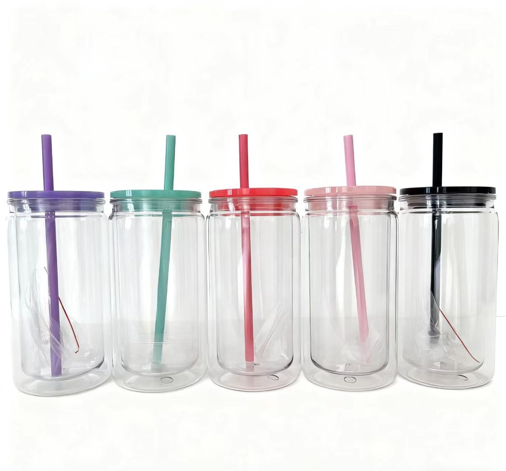 25pcs Predrilled Mixed 5 Colors 16oz/20oz Plastic Snow Globe Cups Acrylic Clear Snow Globe Cups with Plug / Colorful Straw/ Colorful Lids