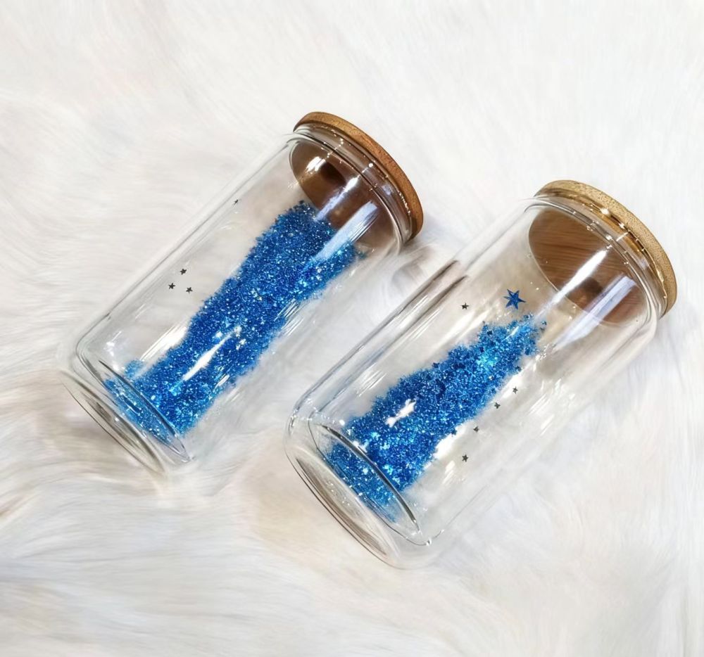 25pcs Predrilled Clear 16oz Glass Snow Globe Cups with Bamboo lids Plastic Straw