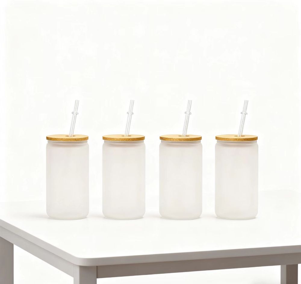 Yisli 25packs 16/20oz Clear/ Frosted Glass Cups Sublimation UV DTF Glass Beer Can With Bamboo Lid and Plastic Straw