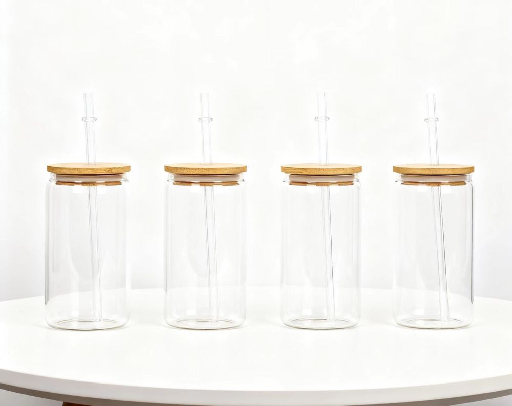 Yisli 25packs 16/20oz Clear/ Frosted Glass Cups Sublimation UV DTF Glass Beer Can With Bamboo Lid and Plastic Straw