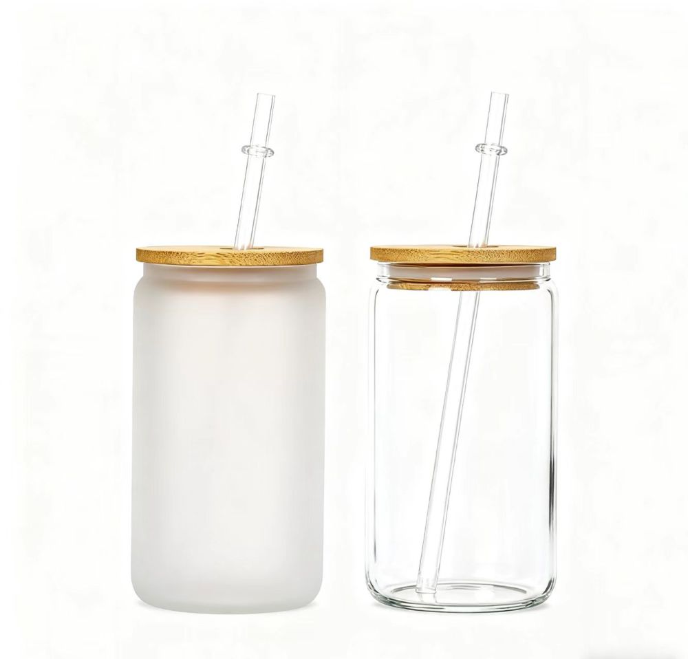 Yisli 25packs 16/20oz Clear/ Frosted Glass Cups Sublimation UV DTF Glass Beer Can With Bamboo Lid and Plastic Straw