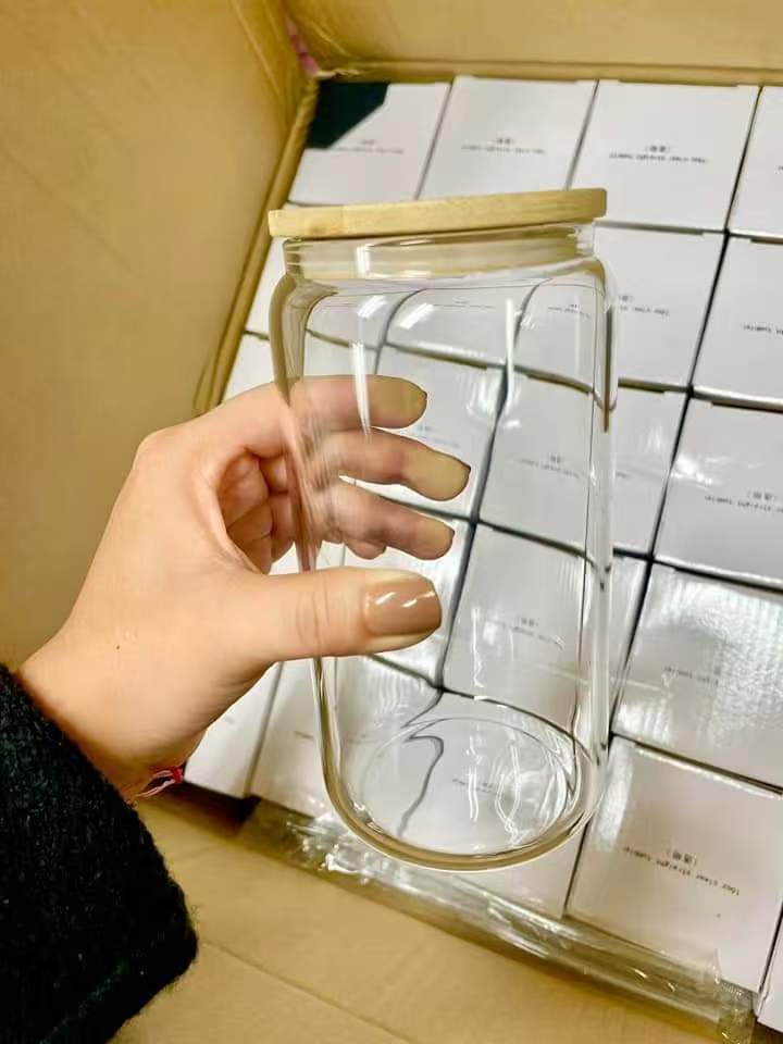 Yisli 25packs 16/20oz Clear/ Frosted Glass Cups Sublimation UV DTF Glass Beer Can With Bamboo Lid and Plastic Straw