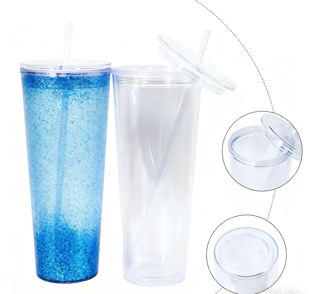 24oz  Acrylic Plastic  Double Wall Snow Globe Cup with Plug