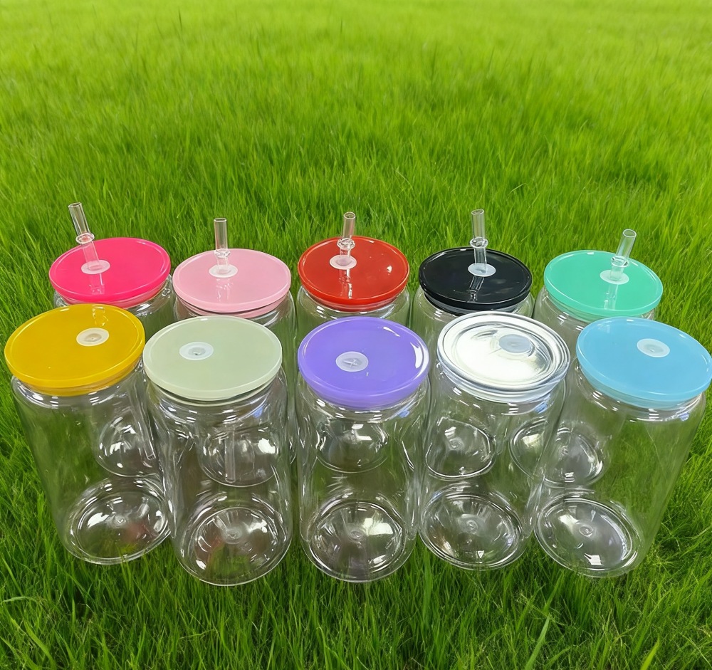 Yisli 16oz Single Wall Transparent Acrylic Plastic Can with Colored PP Lids