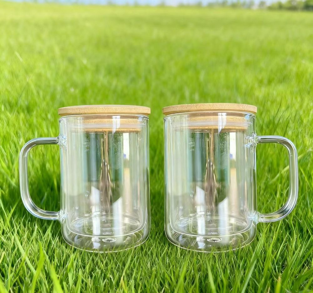 Yisli 25packs 15oz Clear Double Wall Snow Globe Glass Cups UV DTF Glass Beer Mugs With Bamboo Lid and Plastic Straw
