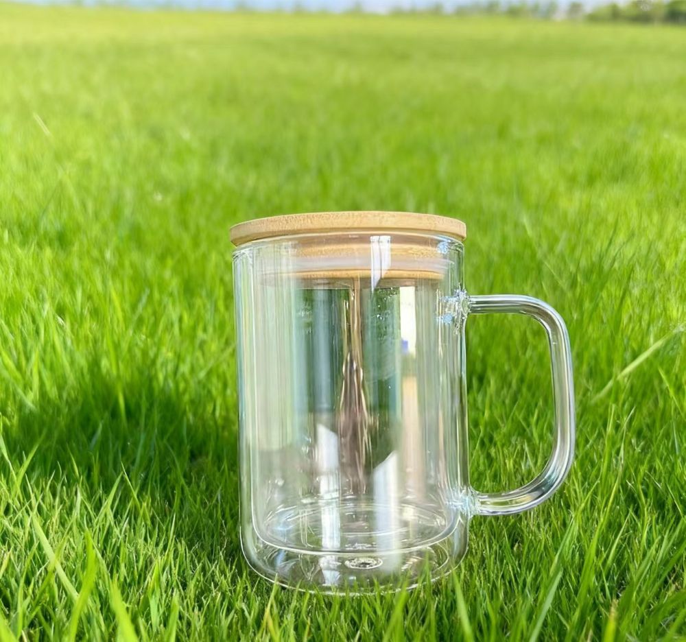Yisli 25packs 15oz Clear Double Wall Snow Globe Glass Cups UV DTF Glass Beer Mugs With Bamboo Lid and Plastic Straw