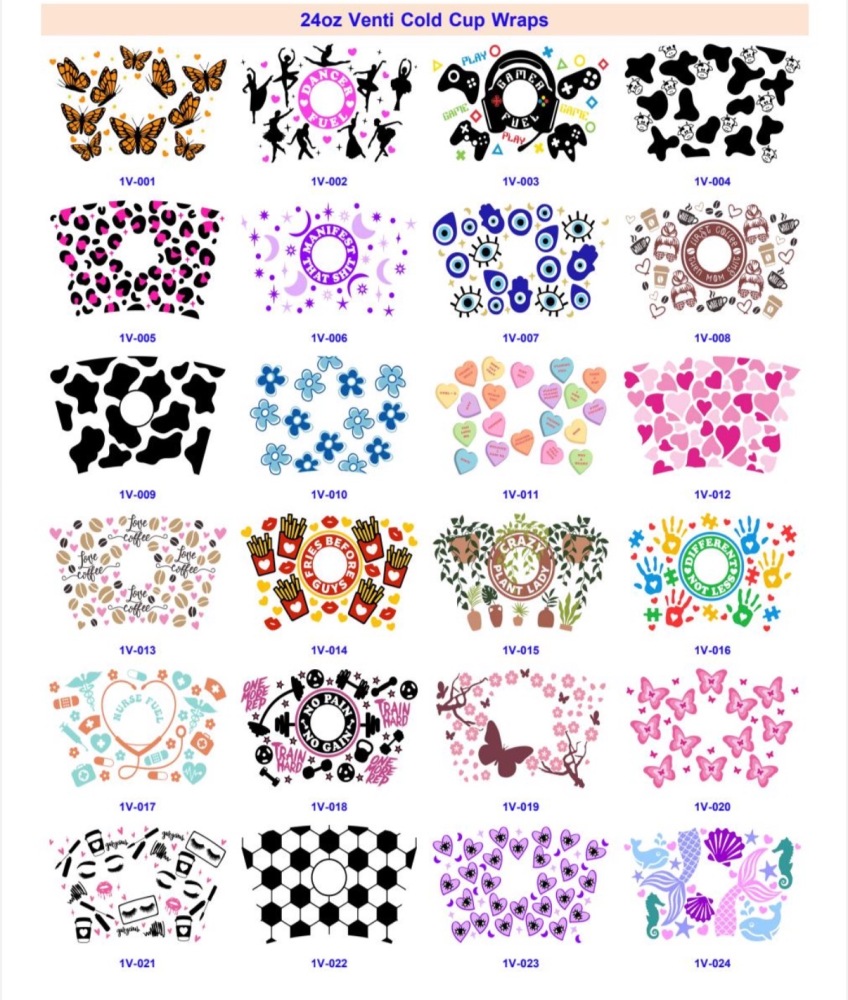 3oz 11oz 16oz 20oz  24oz 40oz UV DTF Cup Wraps Pen Wraps Notebook Wraps Bookmark Wraps Credit Card wraps 45ml Spry Bottles Wraps T- shirt Transfers Accept Custom