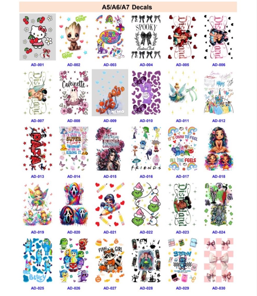 3oz 11oz 16oz 20oz  24oz 40oz UV DTF Cup Wraps Pen Wraps Notebook Wraps Bookmark Wraps Credit Card wraps 45ml Spry Bottles Wraps T- shirt Transfers Accept Custom