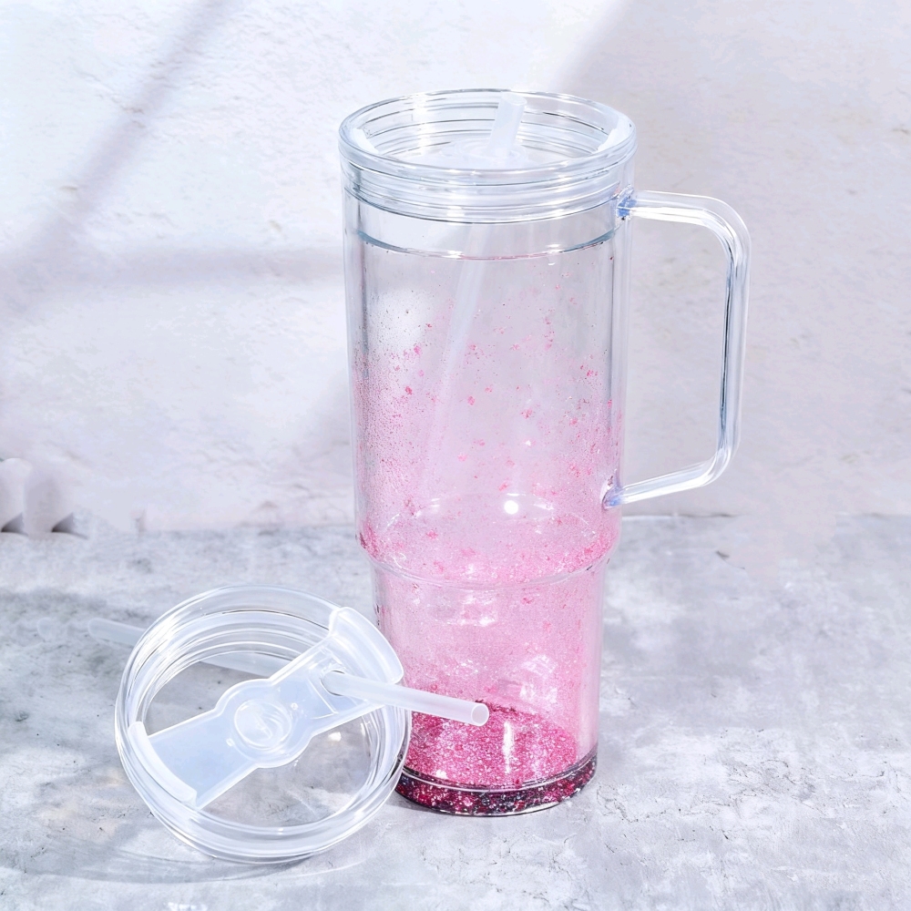 40oz Plastic Snow Globe Cups Pre drilled with Plug Lids Plastic Straw Double Wall for Glitter Cups