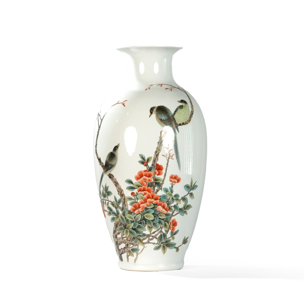 Hand-Painted Floral and Bird Ceramic Vase