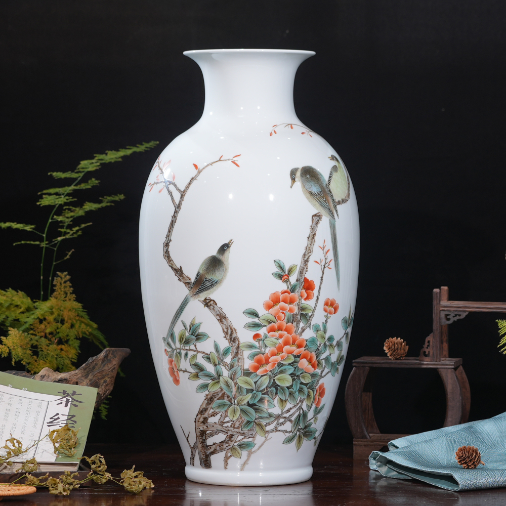 Hand-Painted Floral and Bird Ceramic Vase