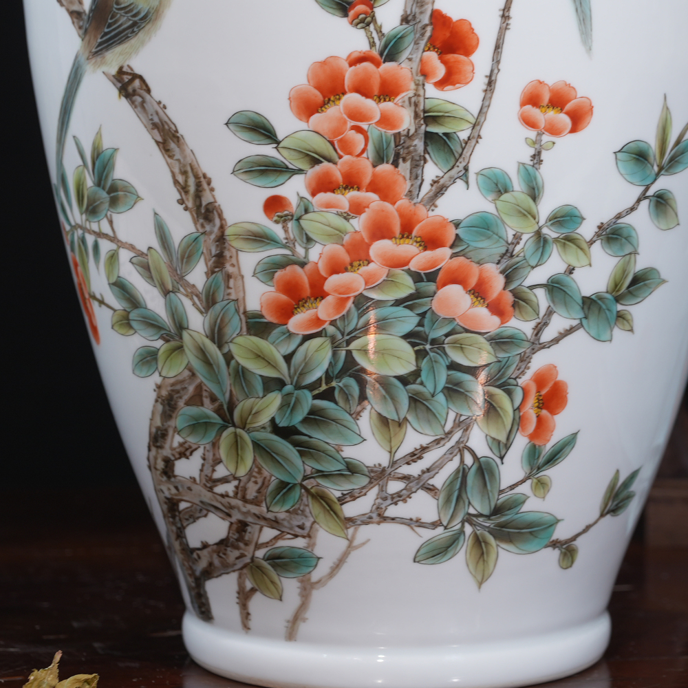 Hand-Painted Floral and Bird Ceramic Vase