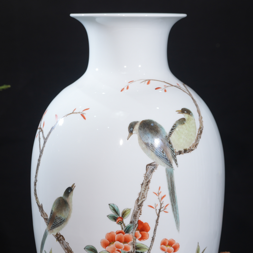 Hand-Painted Floral and Bird Ceramic Vase