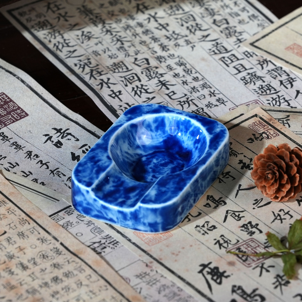 Chinese Blue Glazed Cigar Ashtray | Handcrafted Porcelain