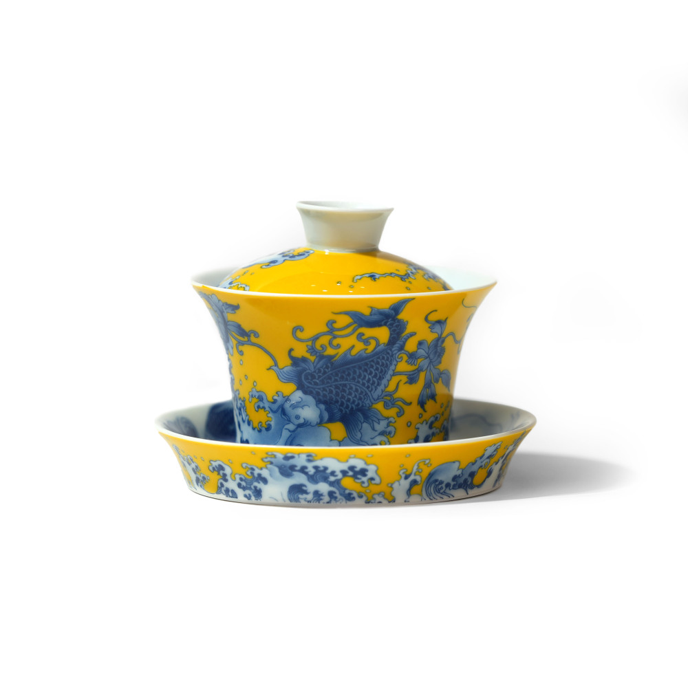 Jingdezhen Yellow and Blue Fish Porcelain Tea Set