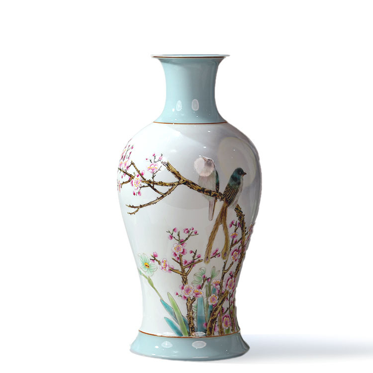 Traditional Chinese Hand-Painted Flower and Bird Porcelain Vase