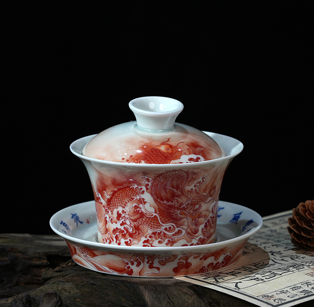 Dragon and Phoenix Ceramic Gaiwan | Red | Handcrafted