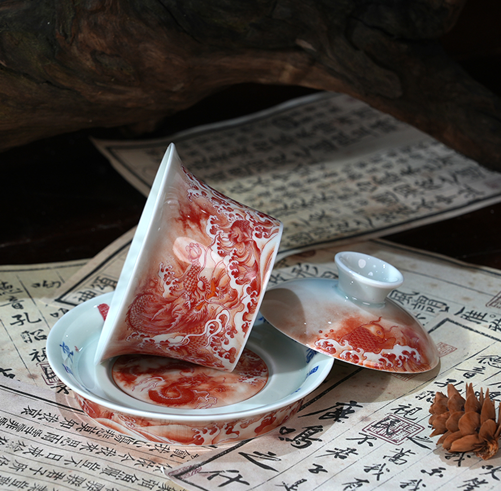 Dragon and Phoenix Ceramic Gaiwan | Red | Handcrafted