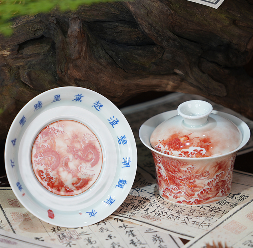 Dragon and Phoenix Ceramic Gaiwan | Red | Handcrafted