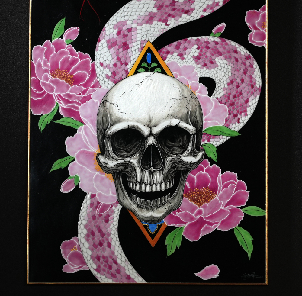 Floral Serpent: Skull and Snake Hand-Painted Porcelain Art
