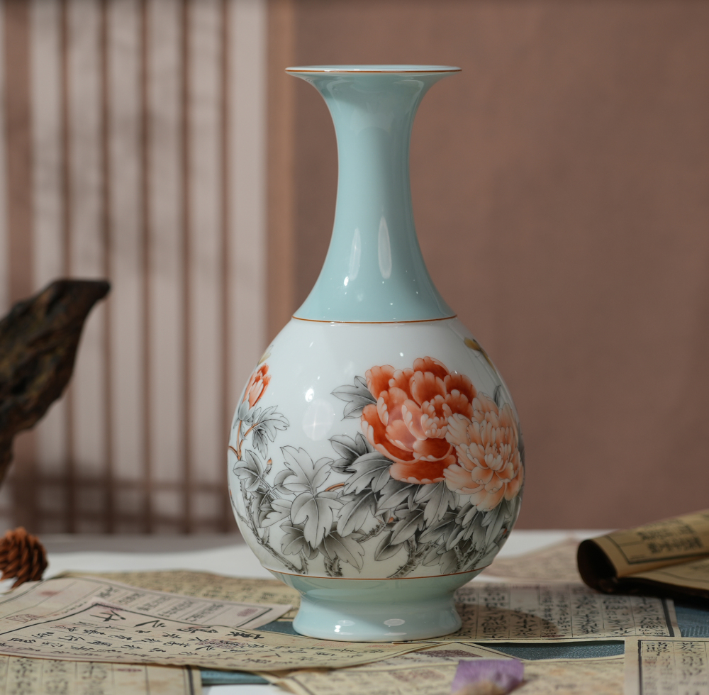 Hand-painted peony porcelain vase