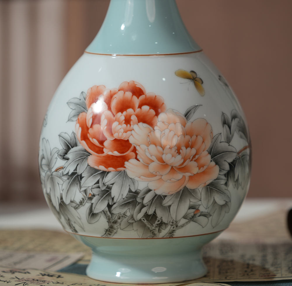 Hand-painted peony porcelain vase