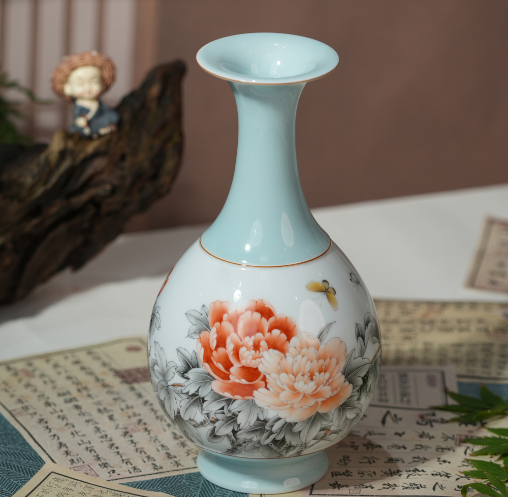 Hand-painted peony porcelain vase