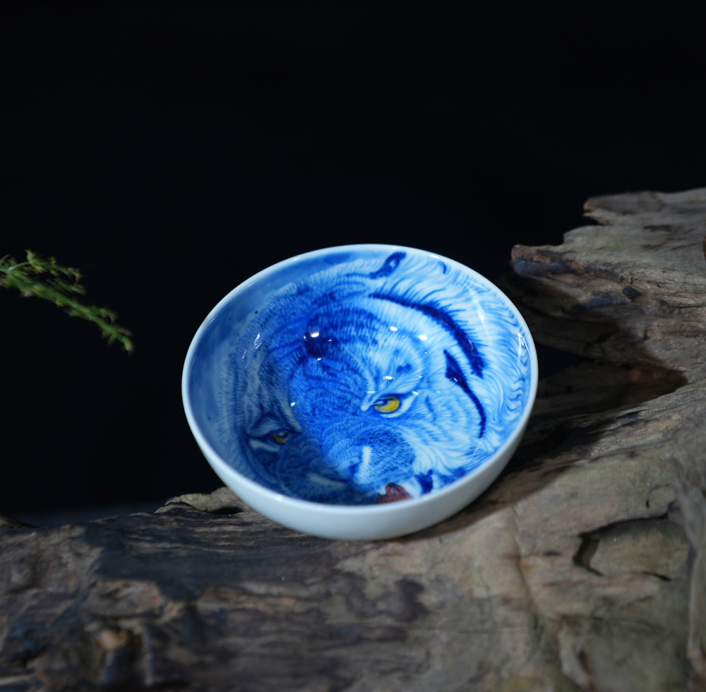 Majestic Tiger Blue and White Porcelain Bowl