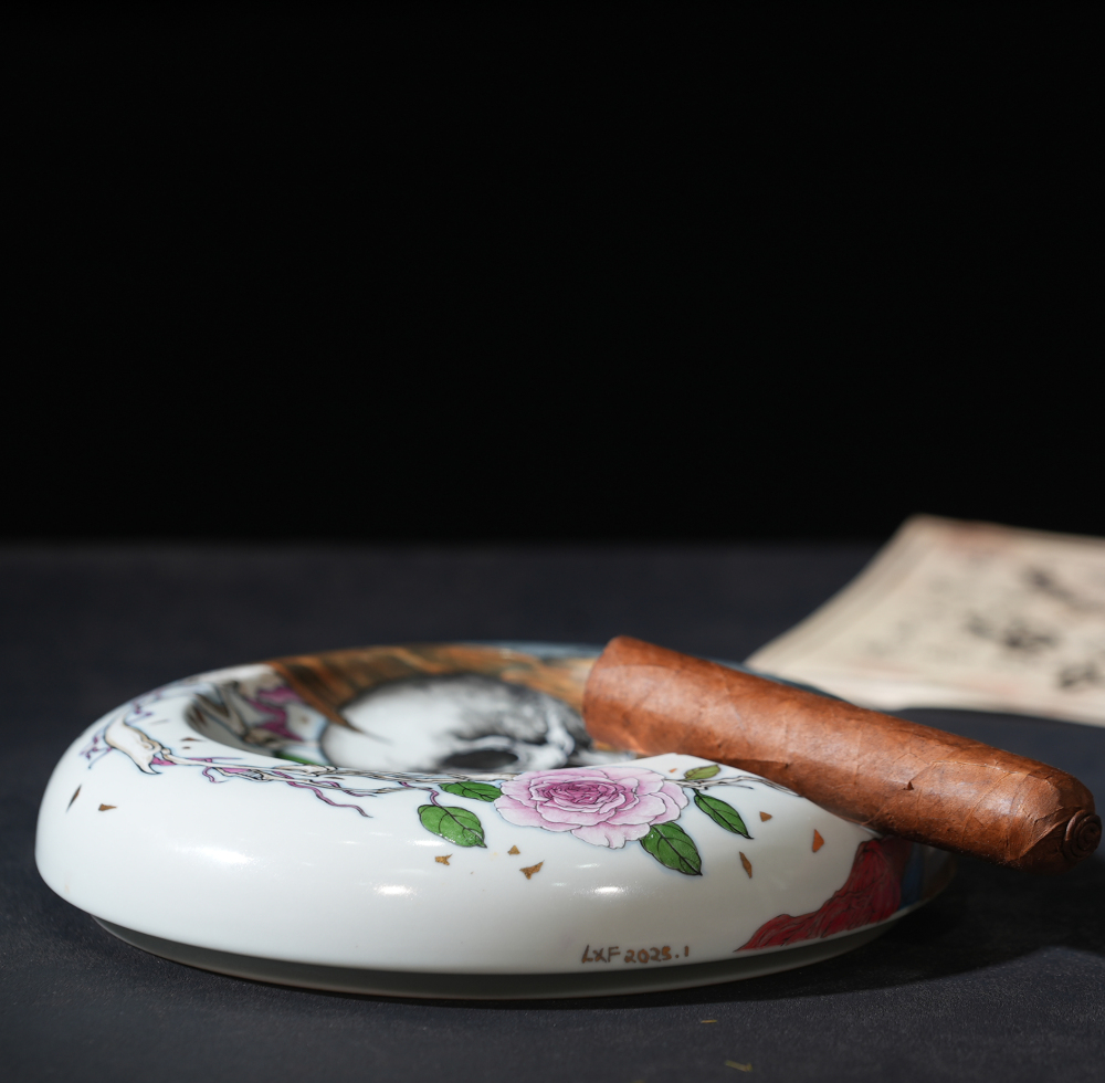 Skeleton and Rose Porcelain Cigar Ashtray