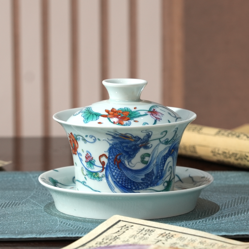 God Dragon Protecting Lotus  Hand-painted Teacup