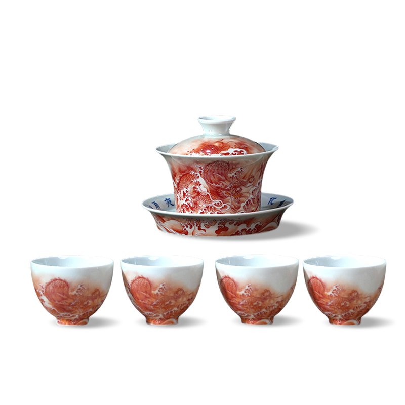 Ceramicpavilion|Dragon and Phoenix Ceramic Gaiwan|Red