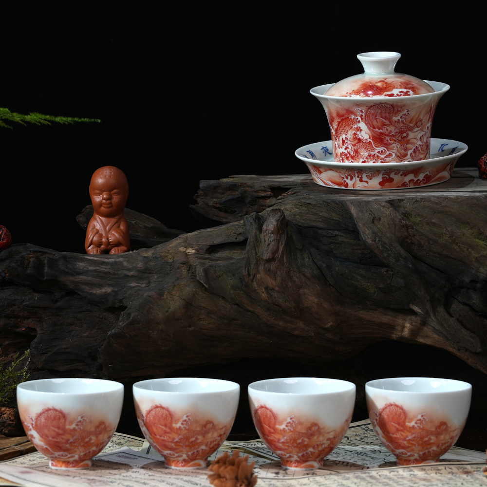 Ceramicpavilion|Dragon and Phoenix Ceramic Gaiwan|Red