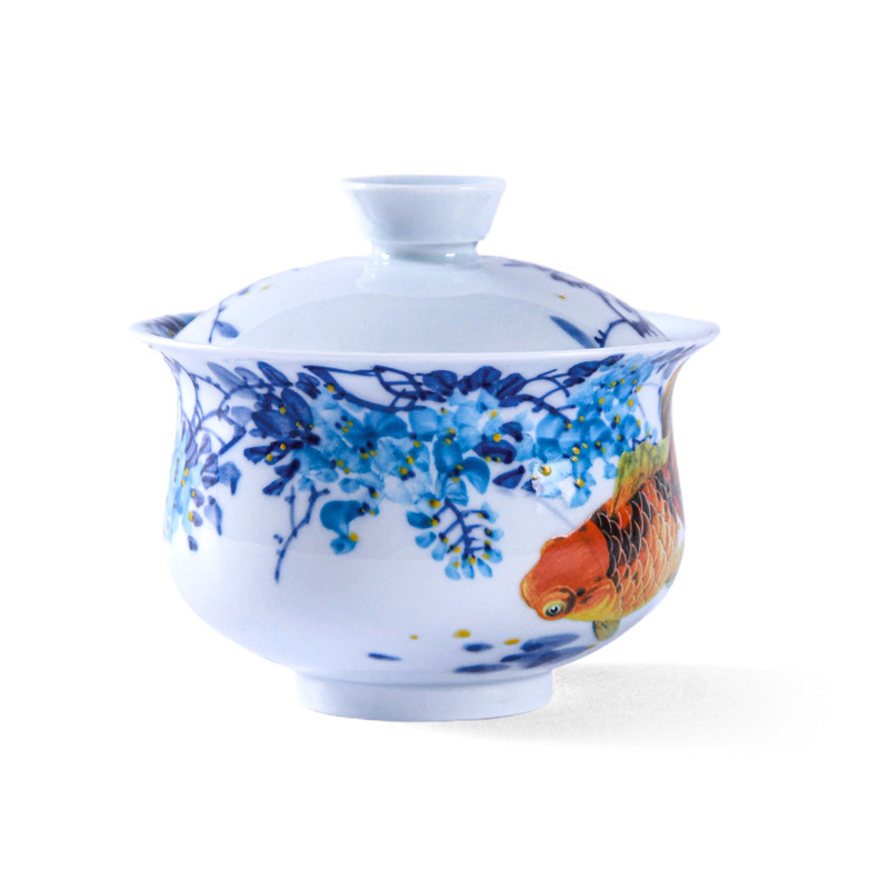 Ceramicpavilion|Serenade of Fish and Lotus Gaiwan|Hand-Painted